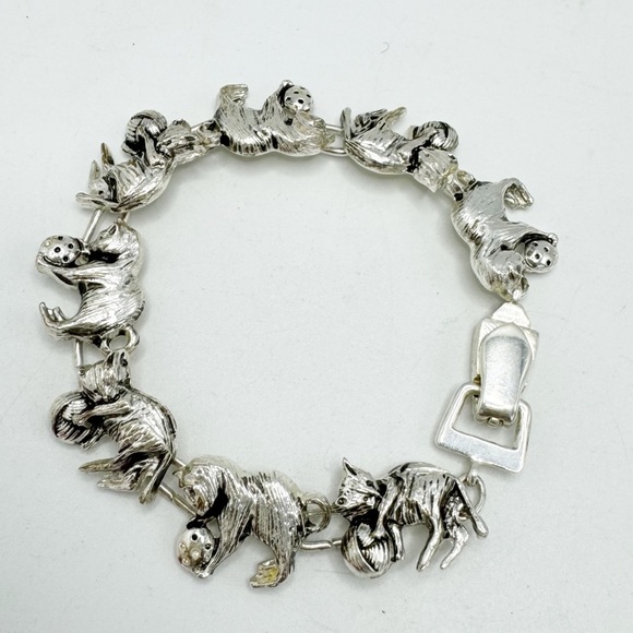 Silver Tone Linked Playing Cats Statement Bracelet - Picture 1 of 6